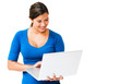 Smiling woman working on laptop
