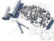 3D image of a floorplan and some blueprints
