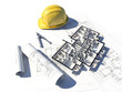 3D image if a floorplan and some blueprint and a helmet