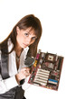 Attractive woman with motherboard solving hardware problem