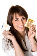 attractive business woman whit cut banknote