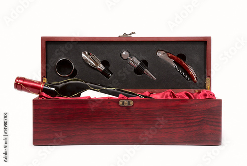 bottle of wine in box with accessories