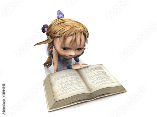 Cute cartoon girl reading book.