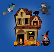 halloween haus mit fliegenden hexen