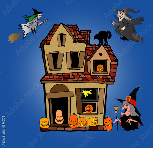 Vector: halloween haus mit fliegenden hexen halloween haus mit fliegenden hexen