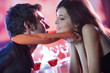 Couple kissing in restaurant, celebrating or on date Couple kissing in restaurant, celebrating or on date
