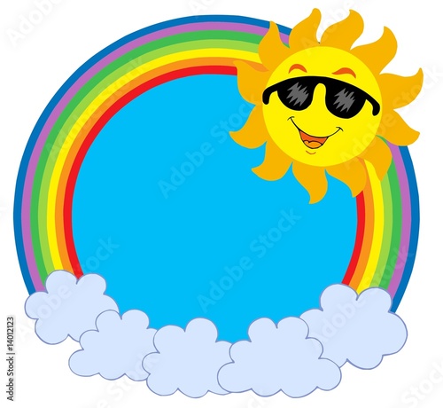 cartoon sun and clouds. Cartoon Sun with sunglasses in