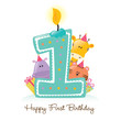 Happy First Birthday Candle and Animals (Isolated on white)