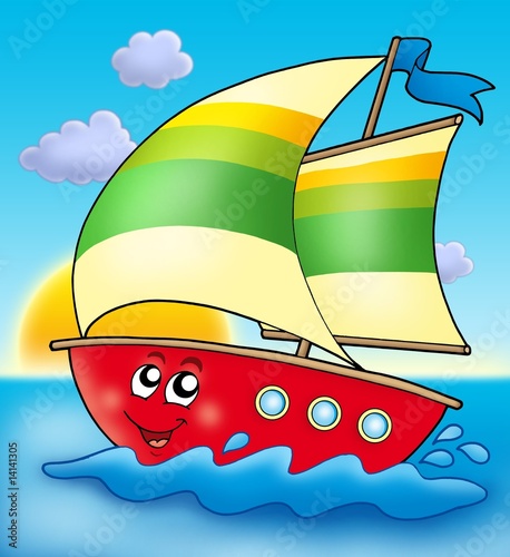 cartoon sunset. Cartoon sailing boat with