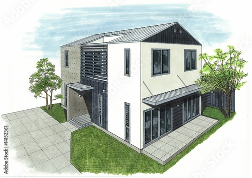 Illustration: 住宅パース、モダン 住宅パース、モダン