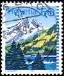 Helvetia. Paysage suisse, lac montagnes et forets. Timbre.