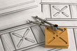 detail of furniture with design and compass