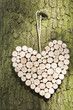A heart shaped wooden decoration hanging on a tree