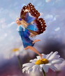 Female Elf fly with chamomile flower