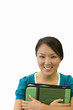 young woman holding bag, cut out