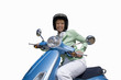 woman on scooter wearing helmet, cut out