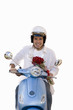 man on scooter with bunch of roses, cut out