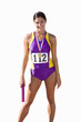 female runner holding baton with award round neck, cut out