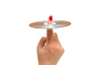 female hand holds a disk on a white background