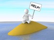 Man sitting on small island with help poster. Man sitting on small island with help poster.