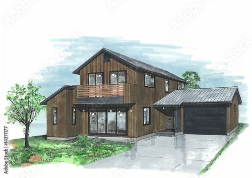 Illustration: 住宅パース、モダン、ナチュラル 住宅パース、モダン、ナチュラル