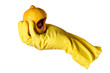 yellow rubber glove and lemon with mouth with clipping path
