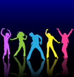 Male and female dancing colored silhouettes with reflections.