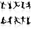 Jumping people silhouettes with reflection collection.