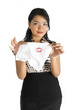 Asian lady with lipstick mark on tissue
