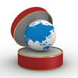 Red gift box with globe. Isolated 3D image