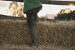 Young boy climbing on hay bales Young boy climbing on hay bales