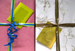 Colorful present shiny boxes with ribbon (close-up)