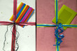 Colorful present shiny boxes with ribbon (close-up)