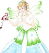 Fairy in formal dress looking at small creature