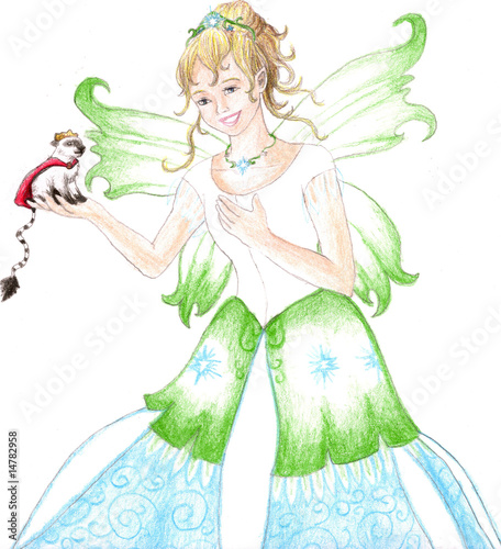Illustration: Fairy in formal dress looking at small creature Fairy in formal dress looking at small creature