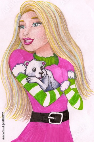 Illustration: Beautiful girl holding small bear Beautiful girl holding small bear