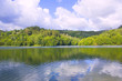 Lake, reflections of clouds. Forest and water-meadow in the dist