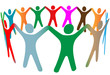 Illustration: Blend of diverse symbol people of many colors hold hands up in r Blend of diverse symbol people of many colors hold hands up in r