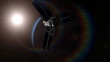 Exploding satellite after hit by red laser beam from Earth