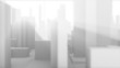 3D model of misty town. Seamless loop. Depth of field