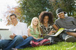Four students studying outdoors, portrait