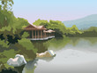 Chinese pagoda on the lake shore, photo-realistic vector