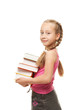 Happy litthe schoolgirl with a stack of heavy books