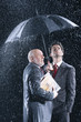 Businessmen Watching Rain from Under Umbrella