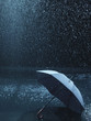 Unused umbrella, lying on ground being rained upon