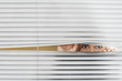Woman Looking Through Venetian Blinds, front view.