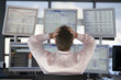 Businessman watching computer screens, with hands on head, back view.