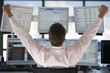 Businessman watching computer screens with arms raised, back view.