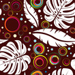Seamless tropical background from leaves and circles.