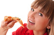 Photo: Young happy woman eating pizza, isolated on white Young happy woman eating pizza, isolated on white